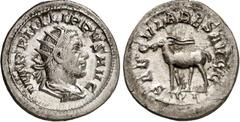 RÖMER RÖMISCHES KAISERREICH. PHILIPPUS I. Arabs 244-249. Antoninian (248) 4,28g, 6. Off. Paludamentbüste m. Strkr. n.r. IMP PHILIPPVS AVG / SAECVLARES AVGG Antilope schreitet n.l.; unten VI. RIC 21, C
