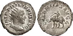 RÖMER RÖMISCHES KAISERREICH. PHILIPPUS I. Arabs 244-249. Antoninian (248/249) 4,02g. Paludamentbüste m. Strkr. n.r. IMP PHILIPPVS AVG / AETERNITAS AVGG Elefant schreitet m. Mahut n.l. RIC 58, C. 17. .