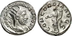 RÖMER RÖMISCHES KAISERREICH. VOLUSIANUS 251-253. Antoninian 3,16g. Paludamentbüste m. Strkr. n.r. IMP CAE C VIB VOLVSIANO AVG / CONCORDIA AVGG Concordia steht n.l. RIC 167, C. 20. . dunkle Patina, fei