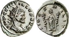 RÖMER RÖMISCHES KAISERREICH. QUINTILLUS 270. AE-Antoninian 3,86g, Mailand, 2. Offizin. Büste mit Panzer, Paludamentum und Strahlenkrone n.r. IMP QVINTILLVS AVG / FIDE-S M-ILIT Fides der Soldaten steht