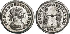 RÖMER RÖMISCHES KAISERREICH. AURELIANUS 270-275. Bi-Antoninian (274) 3,62g, Siscia. Panzerbüste m. Strkr. n.r. IMP C AVRELIANVS AVG / CONCORDIA MILITVM Kaiser u. Concordia beim Handschlag, im Feld S; 