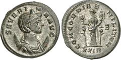 RÖMER RÖMISCHES KAISERREICH. Severina, Gemahlin des Aurelianus 274-275. Bi-Antoninian (275) 4,03g, Rom, 5. Off. Pallabüste m. Diadem auf Mondsichel n.r. SEVERINA AVG / CONCOR-DIAE - MILITVM Concordia 