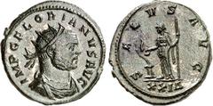 RÖMER RÖMISCHES KAISERREICH. FLORIANUS 276. AE-Antoninian 3,93g, Rom, 4.Offizin. Büste mit Panzer, Paludamentum und Strahlenkrone n.r. IMP C FLORIANVS AVG / SALVS AVG Salus steht mit Sceptrum v.v., Ko
