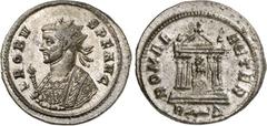 RÖMER RÖMISCHES KAISERREICH. PROBUS 276-282. Bi-Antoninian (281) 4,22g, Rom, 4. Off. Konsularbüste m. Strkr. n.l. PROBV-S P F AVG / ROMAE - AETER Roma im Tempel; unten R Fulmen D. RIC 187. . vollst.Si