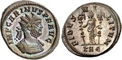 RÖMER RÖMISCHES KAISERREICH. CARINUS (282-)283-285. Bi-Antoninian 4,27g, Rom, 5. Off. Panzerbüste m. Strkr. n.r. IMP CARINVS P F AVG / FIDES - MI-LITVM Fides der Soldaten steht mit 2 Signa n.l.; unten