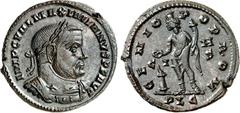 RÖMER RÖMISCHES KAISERREICH. MAXIMIANUS I. Herculius, 285-308,310. AE-Follis 26mm (Oktober 307) 5,49g, Lyon. Büste mit Panzer und Lorbeerkranz n.r. D N MAXIMIANO P F S AVG / GENIO POP ROM Genius steht