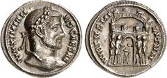 RÖMER RÖMISCHES KAISERREICH. Maximianus II. Galerius Caesar 293-305. Argenteus (294/295) 2,63g, Siscia. Kopf mit Lorbeerkranz n.r. MAXIMIAN-VS CAESAR / VIRTVS MI-LITVM Tetrarchen opfern vor Lager mit 