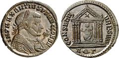 RÖMER RÖMISCHES KAISERREICH. MAXENTIUS Augustus 307-312. AE-Follis 25mm (307) 5,38g, Aquileia, 3. Offizin. Kopf mit Lorbeerkranz n.r. IMP C MAXENTIVS P F AVG CONSERV - VRB SVAE Roma thront in 6-säulig