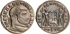 RÖMER RÖMISCHES KAISERREICH. MAXENTIUS Augustus 307-312. AE-Follis 25/24mm (309) 6,00g, Ostia, 1. Offizin. Kopf mit Lorbeerkranz n.r. IMP C MAXENTIVS P F AVG / AETE-RNITAS AVG N Dioskuren stehen sich 