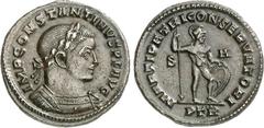 RÖMER RÖMISCHES KAISERREICH. Constantinus I. Caesar 306-307(310). AE-Follis 25/26mm (307) 6,84g, Trier, 1. Off. Panzerbüste m. Lkr. n.r. FL VAL CONSTANTINVS NOB C / MARTI PATRI - CONSERVATORI Mars dst