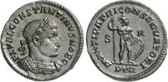 RÖMER RÖMISCHES KAISERREICH. Constantinus I. Caesar 306-307(310). AE-Follis 25/26mm (307) 6,48g, Trier, 1. Off. Panzerbüste m. Lkr. n.r. FL VAL CONSTANTINVS NOB C / MARTI PATRI - CONSERVATORI Mars dst