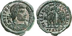 RÖMER RÖMISCHES KAISERREICH. VETRANIO 350. AE-Maiorina 23mm 4,47g, Siscia. Büste mit Panzer, Paludamerntum und Perlendiadem n.r. zw. A - *, D N VETRANIO P F AVG / HOC SIGNO VICTOR ERIS Kaiser steht mi