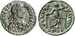 RÖMER RÖMISCHES KAISERREICH. THEODOSIUS I. 379-395. AE-Centenionalis 17mm (379/383) 2,26g, Siscia, 2. Offizin. Büste mit Panzer, Paludamentum und Perlendiadem n.r. D N THEODO-SIVS P F AVG / CONCOR-DIA