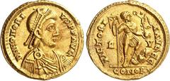 RÖMER RÖMISCHES KAISERREICH. HONORIUS 393-423. Solidus (402/406) 4,46g, Ravenna. Paludamentbüste m. Perlendiadem n.r. D N HONORI-VS P F AVG / VICTORI-A AVGGG Kaiser steht in Rüstung m. Labarum u. Vict