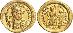 RÖMER RÖMISCHES KAISERREICH. THEODOSIUS II. 402-450. Solidus (425) 4,37g, Konstantinopel, ohne Off. Panzerbüste, m. Helm, Perlendiadem, Schild u. Lanze, fast v.v. D N THEODO-SIVS P F AVG / SALVS REI -