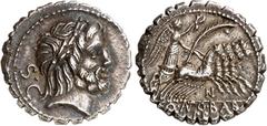 RÖMER RÖMISCHE REPUBLIK : Silbermünzen. Quintus Antonius Balbus, Praetor 83-82 v. Chr. Denar (serratus) (Charge 2) 3,93g. Iupiterkopf n.r.; l. S C / Victoria-Quadriga n.r.; unten N - Q ANTO BALB - PR 