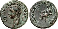 RÖMER RÖMISCHES KAISERREICH. Divus Augustus z.Z. Caligula 37-41. AE-Dupondius (37/41) 14,67g. Kopf mit Strahlenkrone n.l. S - C, DIVVS AVGVSTVS / CONSENSV SENAT ET EQV ORDIN P Q R Caligula pacator thr