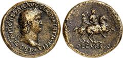 RÖMER RÖMISCHES KAISERREICH. NERO 54-68. AE-Sesterz (64) 27,64g, Rom. Kopf m. Aegis u. Lkr. n.r. NERO CLAVD CAESAR AVG GER P M TR P IMP P P / S - [C] - DECVRSIO Nero und Adjutant hoch zu Ross n.r. par