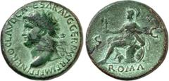 RÖMER RÖMISCHES KAISERREICH. NERO 54-68. AE-Sesterz (65) 25,89g, Lyon. Kopf m. Lkr. auf Miniglobus n.r. NERO CLAVD CAESAR AVG GER P M TR P IMP P P / S - C - ROMA Roma, im Amazonenhemd, thront mit Para