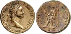 RÖMER RÖMISCHES KAISERREICH. DOMITIANUS, Augustus 81-96. AE-Sesterz (90/91) 23,46g. Kopf m. Lorbeerkranz n.r. IMP CAES DOMIT AVG GERM COS XV CENS PER P P / IOVI - VICTORI - S C Iupiter victor thront n
