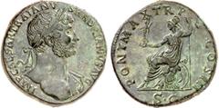 RÖMER RÖMISCHES KAISERREICH. HADRIANUS 117-138. AE-Sesterz (119/122) 24,00g. Büste m. Pallium h. Hals u. Lkr. n.r. IMP CAESAR TRAIANVS - HADRIANVS AVG / PONT MAX TR POT - COS III - S C Roma victrix si