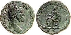 RÖMER RÖMISCHES KAISERREICH. ANTONINUS PIUS Augustus 138-161. AE-Sesterz (152/153) 22,67g. Kopf m. Lkr. n.r. ANTONINVS AVG - PIVS P P TR P XVII / INDVLGENTIA COS IIII S - C Indulgentia sitzt mit ausge