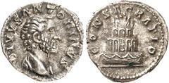 RÖMER RÖMISCHES KAISERREICH. Divus Pius z.Z. Marcus Aurelius 161. Denar 3,34g. Büste mit Paludamentum n.r. DIVVS ANTONINVS / CONSECRATIO 4-stufiger Rogus mit Quadriga. RIC 438, BMC 60, C. 164. \i. vz