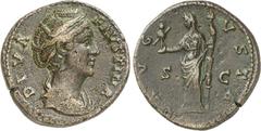 RÖMER RÖMISCHES KAISERREICH. Diva Faustina senior z.Z. Antoninus Pius 141/161. AE-Dupondius 11,35g. Pallabüste n.r. DIVA - FAVSTINA / AVG-VSTA - S - C Faustina-Vesta-Ceres steht m. Palladium u. Langfa