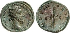 RÖMER RÖMISCHES KAISERREICH. MARCUS AURELIUS, Augustus 161-180. AE-Dupondius (177) 15,45g. Kopf mit Strahlenkrone n.r. M ANTONINVS AVG GERM SARM TR P XXXI / IMP VIIII - COS III P P - S - C Fulmen. RIC
