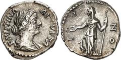 RÖMER RÖMISCHES KAISERREICH. Faustina iunior z.Z. Antoninus Pius 145-161. Denar (156/161) 3,41g. Drap. Büste n. r. FAVSTINA AVGVSTA / IVNO Juno steht n. l. vor ihr Pfau. RIC 688, C. 120. .