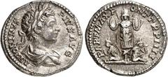RÖMER RÖMISCHES KAISERREICH. CARACALLA, Augustus 198-217. Denar (201) 3,29g. Palliumbüste m. Lkr. n.r. ANTONINVS - PIVS AVG / PART MAX PONT - TR P IIII 2 Captivi an Tropaeum. RIC 54b, BMC 262-263, C. 