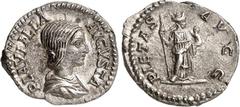 RÖMER RÖMISCHES KAISERREICH. Plautilla, Gemahlin des Caracalla 202-205. Denar (202) 3,37g. Drap. Büste n. r. PLAV TILLA AVGVSTA / PIETAS AVGG Pietas steht v. vorn, hält Zepter und Kind. RIC 367, BMC 4