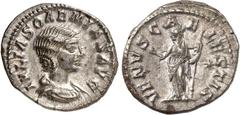 RÖMER RÖMISCHES KAISERREICH. Iulia Soaemias, Mutter d. Elagabalus 218-222. Denar 2,98g. Drapierte Büste n. r. IVLIA SOAEMIAS AVG / VENVS CAELESTIS Venus steht n. l., hält Apfel und Zepter, im Feld rec