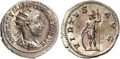 RÖMER RÖMISCHES KAISERREICH. GORDIANUS III. Augustus 238-244. Antoninian (238) 4,42g. Büste mit Panzer, Paludamentum und Strahlenkrone n.r. IMP CAES M ANT GORDIANVS AVG / VIRTVS - AVG Virtus steht in 