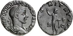 RÖMER RÖMISCHES KAISERREICH. GORDIANUS III. Augustus 238-244. AE-Sesterz (Ende 240) 13,42g. Paludamentbüste m. Lkr. n.r. IMP GORDIANVS PIVS FEL AVG / AETER-NITATI AVG - S - C Sol steht grüßend n.l. RI