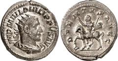 RÖMER RÖMISCHES KAISERREICH. PHILIPPUS I. Arabs 244-249. Antoninian (244) 4,39g. Paludamentbüste m. Strkr. n.r. IMP M IVL PHILIPPVS AVG / ADVENTVS AVGG Philipp reitet grüßend n.l. RIC 26b, C. 3. . prf