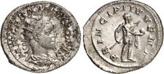 RÖMER RÖMISCHES KAISERREICH. Philippus II., Caesar 244-247. Antoninian (245) 3,94g. Palliumbüste m. Strkr. n.r. M IVL PHILIPPVS CAES / PRINCIPI IVVENT Philippus steht in Rüstung n.r. RIC 216c, C. 54. 
