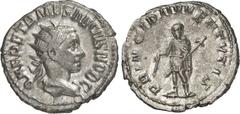 RÖMER RÖMISCHES KAISERREICH. Herennius Etruscus Caesar 250-251. Antoninian 3,65g. Palliumbüste m. Strkr. n.r. Q HER ETR MES DECIVS NOB C / PRINCIPI IVVENTVTIS Caesar steht m. Lanze u. Vitis n.l. RIC 1