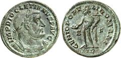 RÖMER RÖMISCHES KAISERREICH. DIOCLETIANUS Iovius 284-305. AE-Follis 27mm (302/303) 8,91g, Trier, 1. Off. Panzerbüste m. Lkr. n.r. IMP DIOCLETIANVS P AVG / GENIO POPV-LI ROMANI Genius, mit Modius, steh
