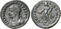 RÖMER RÖMISCHES KAISERREICH. MAXIMIANUS I. Herculius, 285-308,310. AE-Follis 25/26,5mm (296/297) 9,45g, Trier, 2.Off. Panzerbüste m. Lkr. n.links IMP MAXIMIANVS P F AVG / GENIO POPV-LI ROMANI Genius s