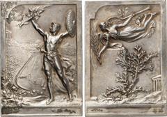 MEDAILLEN: Gewerbe, Ausbeute, Medezin, Sport, Religion, Kunstmedaillen SPORT. OLYMPISCHE SPIELE. ATHEN - Zwischenolympiade 1906. Plakette o.J. (1906) (v. P. Vannier) z. Erinnerung. Mit Schwert u. Schi