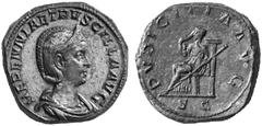 THE JULIO-CLAUDIAN DYNASTY For his wife HERENNIA ETRUSCILLA No.: 210 Schätzpreis - Estimation CHF 3500.- Sestertius, n. d.; 25.00 g. Obv. HERENNIA ETRVSCILLA AVG Draped, diademed bust r., hair in the 