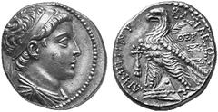 ANCIENT GREEK COINS SELEUCID KINGDOM OF SYRIA DEMETRIUS II NICATOR No.: 68 Schätzpreis/Estimate: CHF 550.- d=28 mm Tetradrachm, Tyrus, 144-143. Diademed and draped bust r. Rv. DHMHTRIOU - BASILEWS Eag