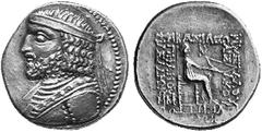 ANCIENT GREEK COINS THE ARSACID KINGDOM OF PARTHIA No.: 98 Schätzpreis/Estimate: CHF 1000.- d=30 mm ARTABANUS II, 75-62. Tetradrachm. Bust l., draped, bearded and with large diadem, wearing torques ar