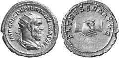 RöMISCHE MüNZEN KAISERZEIT Pupienus No.: 639 Schätzpreis - Estimation DM 500,- Pupienus, 238. Antoninian. Drap., gep. Büste mit Strkr. und Bart n. r. Rv. PATRES SENATVS Zwei Hände im Handschlag verbun