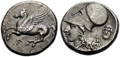 GRIECHISCHE MÜNZEN KORINTHIA. KORINTH.   Stater, 4. Jh. v. Chr. Pegasos n.l. fliegend, darunter Koppa. Rv. Kopf der Athena n.l. mit korinthischem Helm, dahinter Silensmaske. Ravel Tf. LXV,1046a), BCD,