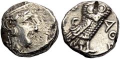 GRIECHISCHE MÜNZEN ATTIKA. ATHEN. Tetradrachmon, 322-148 v. Chr. Kopf der Athena n. r. im lorbeergeschmückten Helm. Rv. ΑΘΕ Eule n. r. Im Felde l. Ölzweig und Mondsichel. 17,18 g. 22 mm. Svoronos, A. 