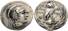GRIECHISCHE MÜNZEN ATTIKA. ATHEN. Tetradrachmon, neuer Stil. 181-180 v. Chr. Kopf der Athena n. r., im Helm mit Helmbusch; darauf vier Lorbeerblätter, Greif und Ranke. Rv. Α-ΘΕ/ ΑΜ/ΜΩ - ΔΙΟ Eule front