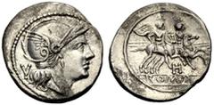 RÖMISCHE MÜNZEN RÖMISCHE REPUBLIK. H, 211-210 v. Chr. Quinar, Südostitalien. Romakopf n. r., dahinter V. Rv. Dioskuren, unten r. H. 2,27 g. 16 mm. Cr. 85/1a, Syd. 174. Sehr schön-vorzüglich