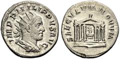 RÖMISCHE MÜNZEN KAISERZEIT. Philippus I. Arabs, 244-249. Antoninian zur Jahrtausendfeier, 248. Gep. Büste mit Strkr. n. r. Rv. SAECVLVM NOVVM Sechssäulige Front des Romatempels korinthischer Ordnung m